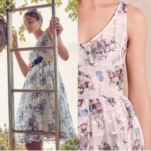 Maeve Anthropologie Peony Womens White V-neck Floral Chiffon Dress Size 4